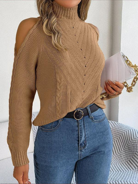 women's off-the-shoulder turtleneck hollow-out long-sleeved knitted pullover sweater - 808Lush