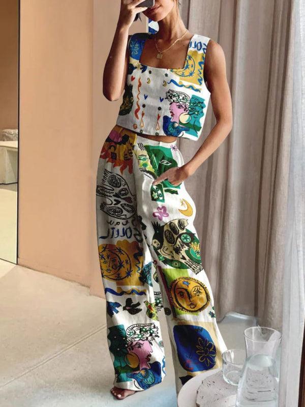 printed wide-leg pants + vest casual fashion two-piece suit - 808Lush