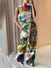 printed wide-leg pants + vest casual fashion two-piece suit - 808Lush