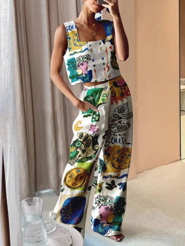 printed wide-leg pants + vest casual fashion two-piece suit - 808Lush