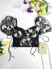 puff sleeve sexy floral navel cropped top - 808Lush