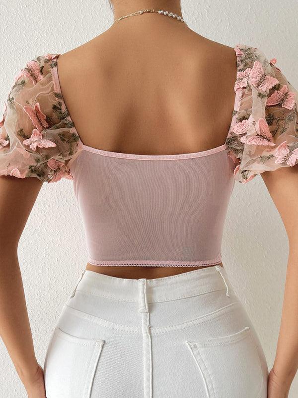 puff sleeve sexy floral navel cropped top - 808Lush