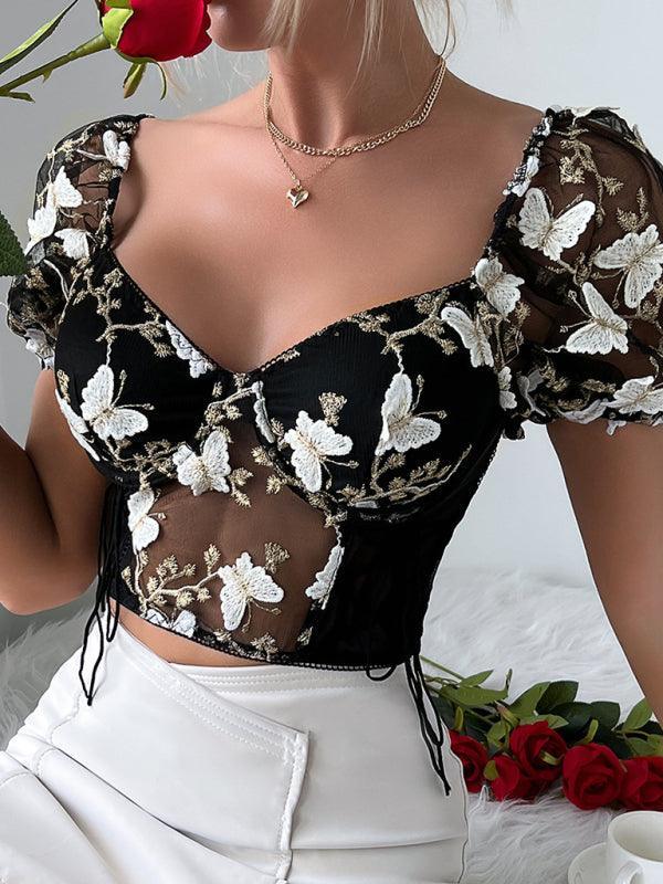 puff sleeve sexy floral navel cropped top - 808Lush