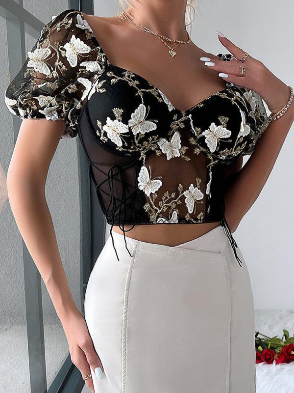 puff sleeve sexy floral navel cropped top - 808Lush