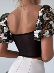 puff sleeve sexy floral navel cropped top - 808Lush