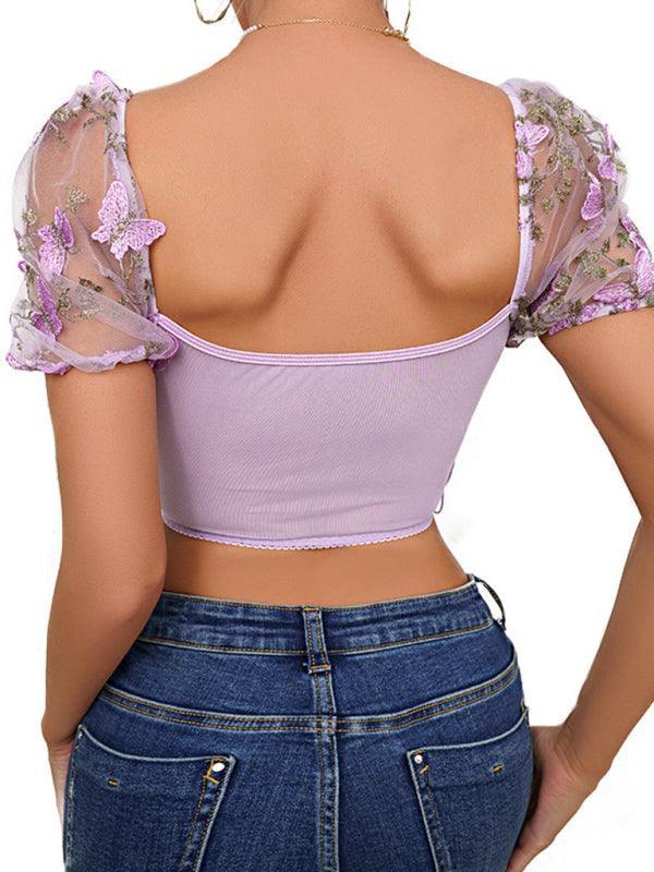 puff sleeve sexy floral navel cropped top - 808Lush