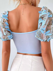 puff sleeve sexy floral navel cropped top - 808Lush