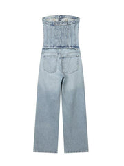 retro hottie style tube top loose casual straight denim jumpsuit - 808Lush