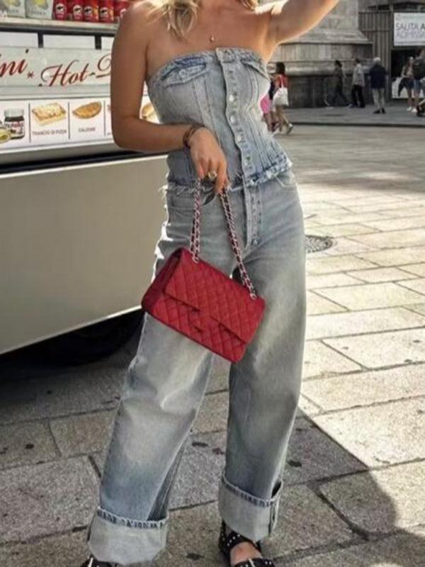 retro hottie style tube top loose casual straight denim jumpsuit - 808Lush