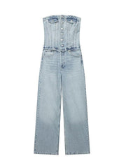 retro hottie style tube top loose casual straight denim jumpsuit - 808Lush