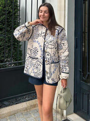 retro patchwork printed cotton coat O-neck long sleeve pocket short coat - 808Lush