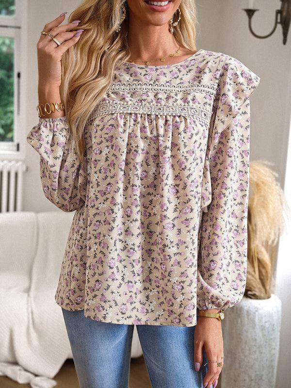 round neck floral long-sleeved top - 808Lush