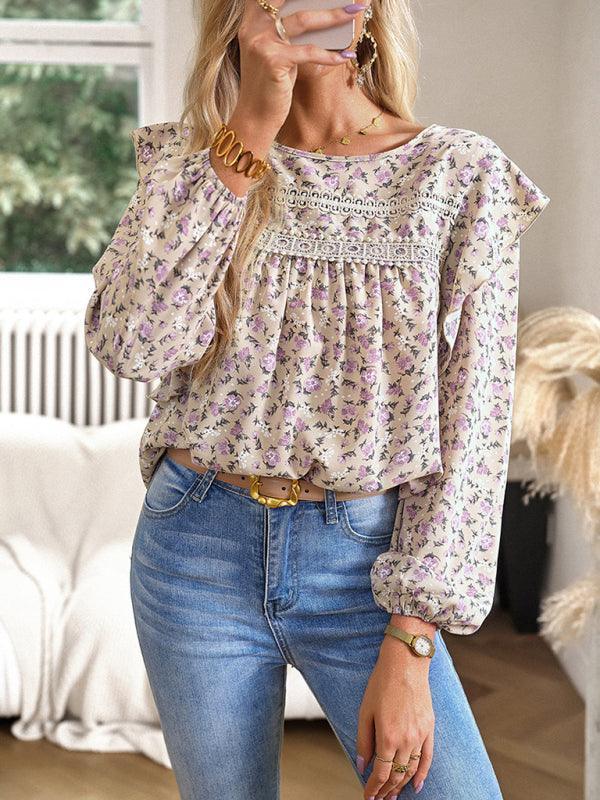 round neck floral long-sleeved top - 808Lush