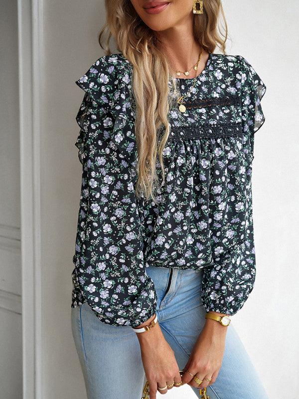 round neck floral long-sleeved top - 808Lush