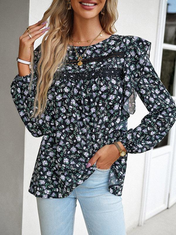 round neck floral long-sleeved top - 808Lush