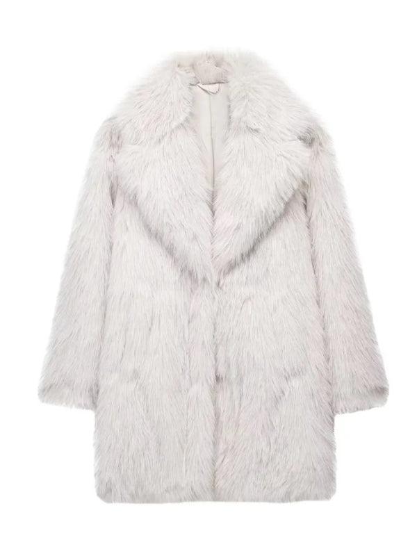 warm lapel loose faux fur effect coat - 808Lush