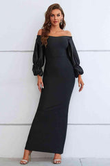 Off-Shoulder Bubble Sleeve Slit Dress - 808Lush