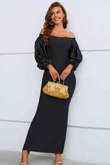 Off-Shoulder Bubble Sleeve Slit Dress - 808Lush