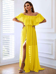 Off-Shoulder Layered Split Maxi Dress - 808Lush