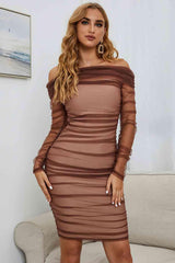 Off-Shoulder Ruched Long Sleeve Tulle Dress - 808Lush