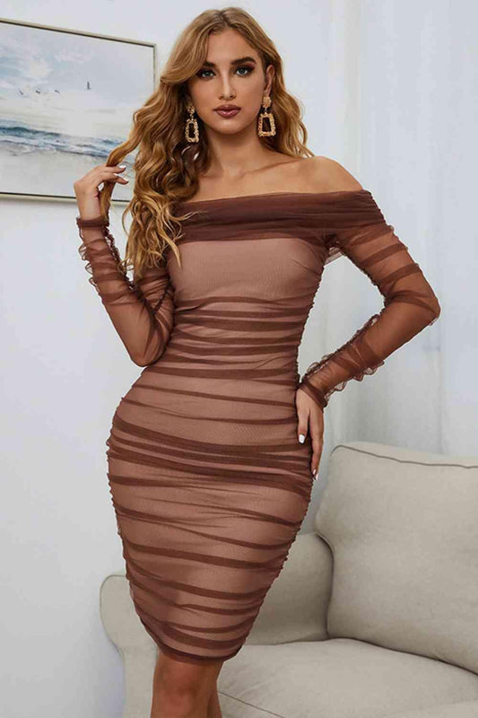 Off-Shoulder Ruched Long Sleeve Tulle Dress - 808Lush