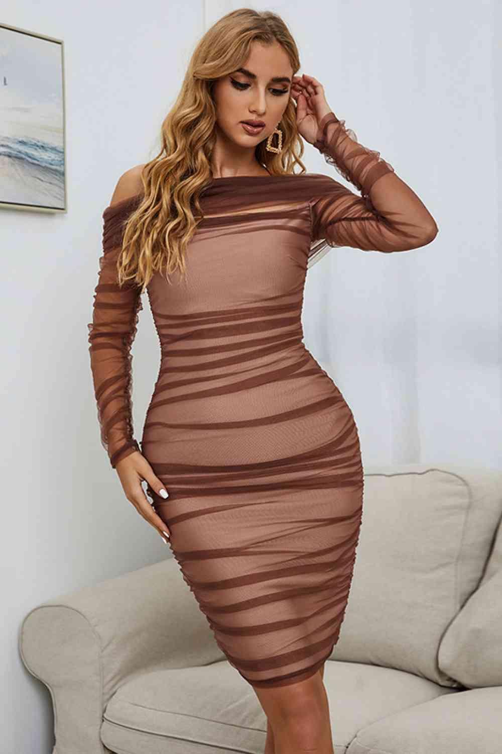 Off-Shoulder Ruched Long Sleeve Tulle Dress - 808Lush