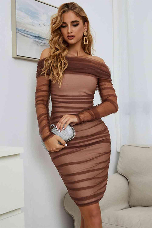 Off-Shoulder Ruched Long Sleeve Tulle Dress - 808Lush