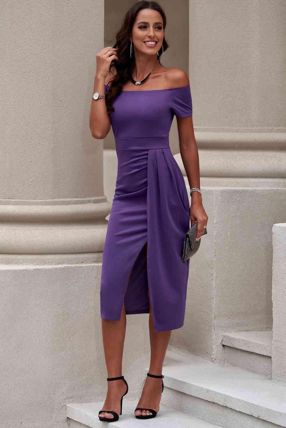 Off-Shoulder Short Sleeve Split Dress - 808Lush