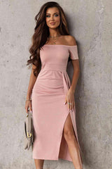 Off-Shoulder Short Sleeve Split Dress - 808Lush