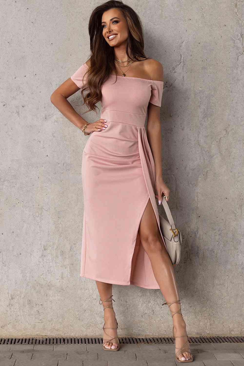 Off-Shoulder Short Sleeve Split Dress - 808Lush