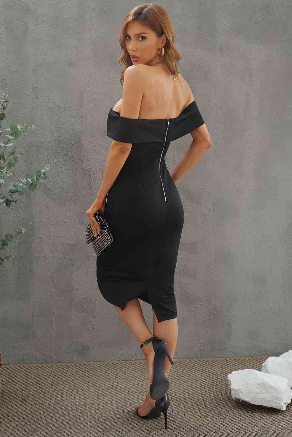 Off-Shoulder Zip-Back Slit Dress - 808Lush