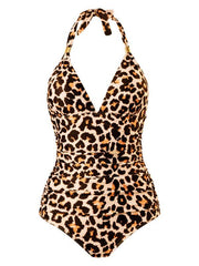 One Piece Swimsuit Conservative Leopard Print Halter Red Backless Swimsuit - 808Lush