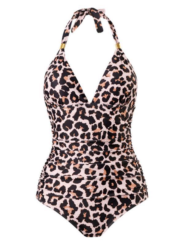 One Piece Swimsuit Conservative Leopard Print Halter Red Backless Swimsuit - 808Lush