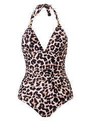 One Piece Swimsuit Conservative Leopard Print Halter Red Backless Swimsuit - 808Lush