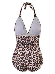 One Piece Swimsuit Conservative Leopard Print Halter Red Backless Swimsuit - 808Lush