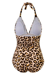 One Piece Swimsuit Conservative Leopard Print Halter Red Backless Swimsuit - 808Lush