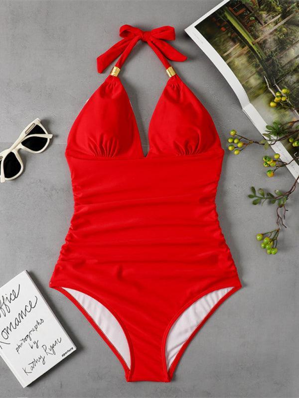 One Piece Swimsuit Conservative Leopard Print Halter Red Backless Swimsuit - 808Lush