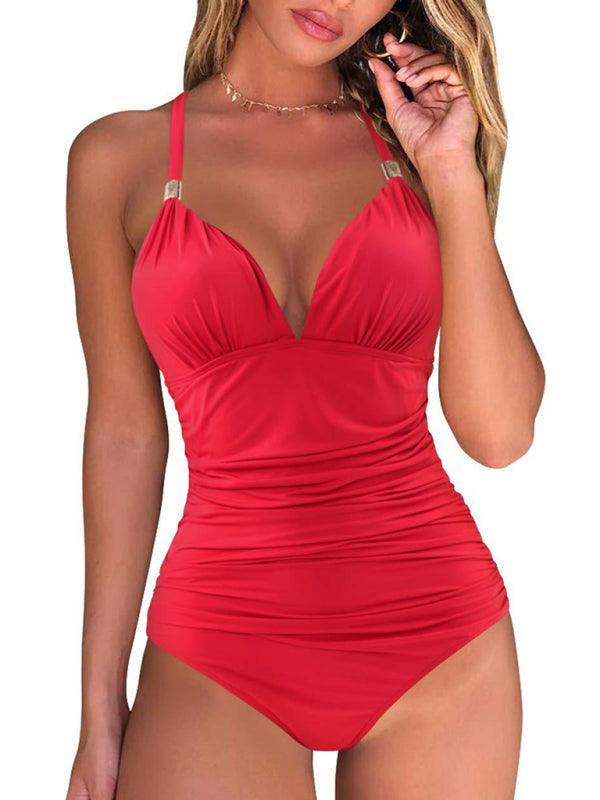 One Piece Swimsuit Conservative Leopard Print Halter Red Backless Swimsuit - 808Lush