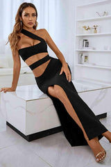 One-Shoulder Cutout Front Split Maxi Dress - 808Lush