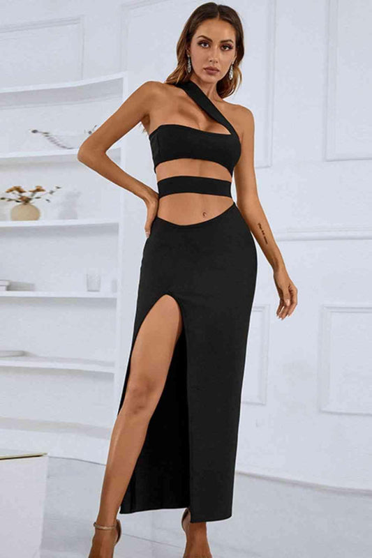 One-Shoulder Cutout Front Split Maxi Dress - 808Lush