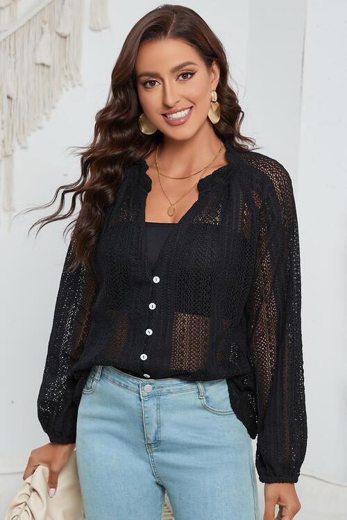 Openwork Button Up Long Sleeve Shirt - 808Lush