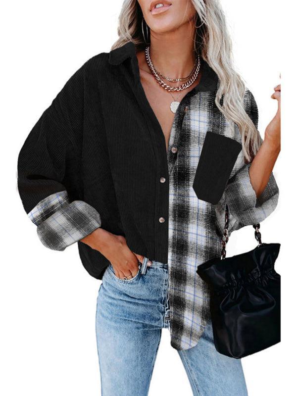 Plaid shirt cross-border European and American foreign trade women's long-sleeved loose pocket shirt - 808Lush