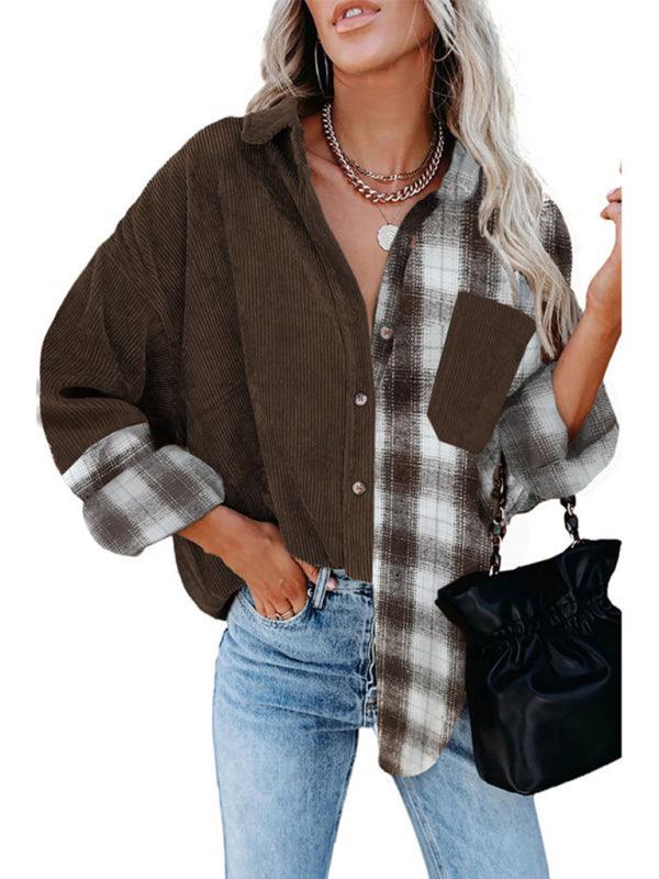 Plaid shirt cross-border European and American foreign trade women's long-sleeved loose pocket shirt - 808Lush