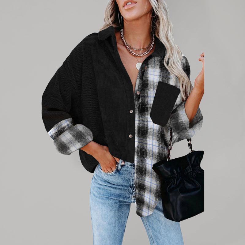 Plaid shirt cross-border European and American foreign trade women's long-sleeved loose pocket shirt - 808Lush