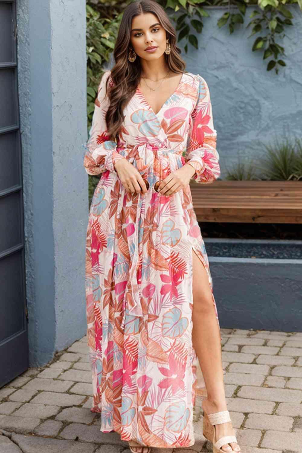 Plus Size V-Neck Printed Slit Dress - 808Lush