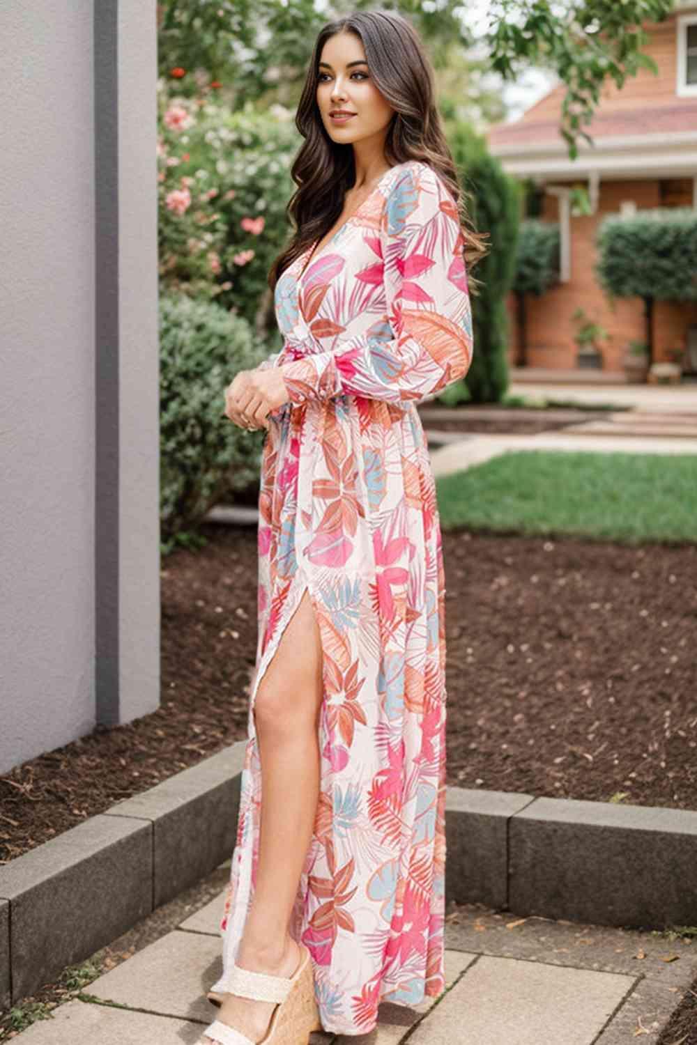 Plus Size V-Neck Printed Slit Dress - 808Lush