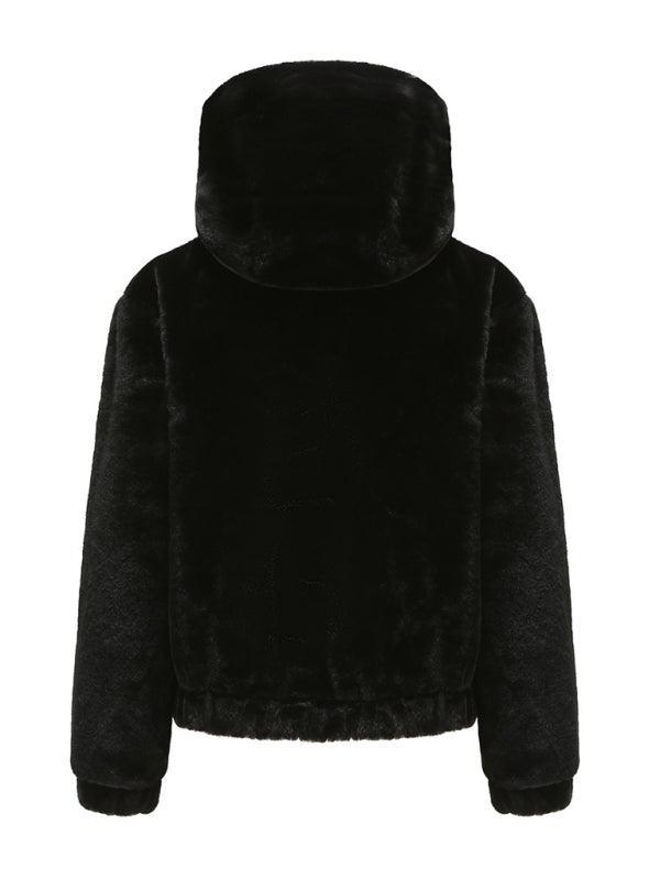 Plush hooded long sleeve warm short jacket - 808Lush