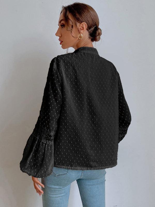 Polka Dot Chiffon Lace Panel Loose Commuting Blouse - 808Lush