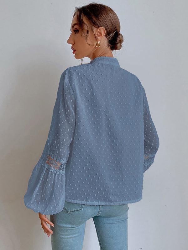 Polka Dot Chiffon Lace Panel Loose Commuting Blouse - 808Lush