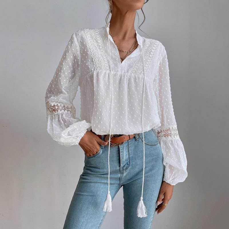 Polka Dot Chiffon Lace Panel Loose Commuting Blouse - 808Lush